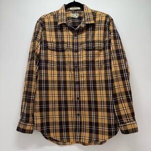 Vintage LL Bean Mens Brown/Yellow Plaid Flannel Button Down Shirt Size Medium